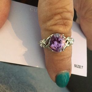 New Badgley Amethyst & Silvertone Ring Pave Cryst